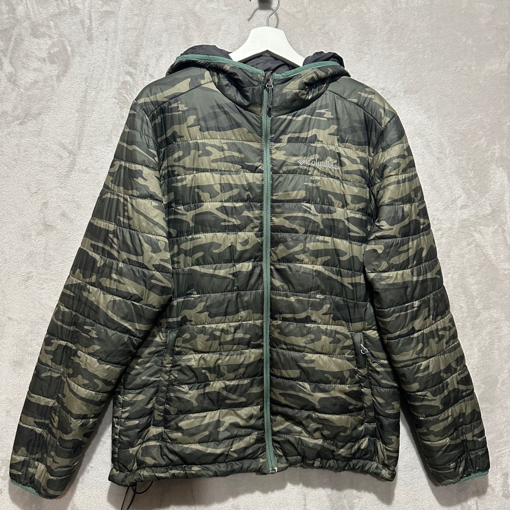 Columbia Omni-Heat Patented Camo Puffer Jacket Mens M Green Camouflage Hooded